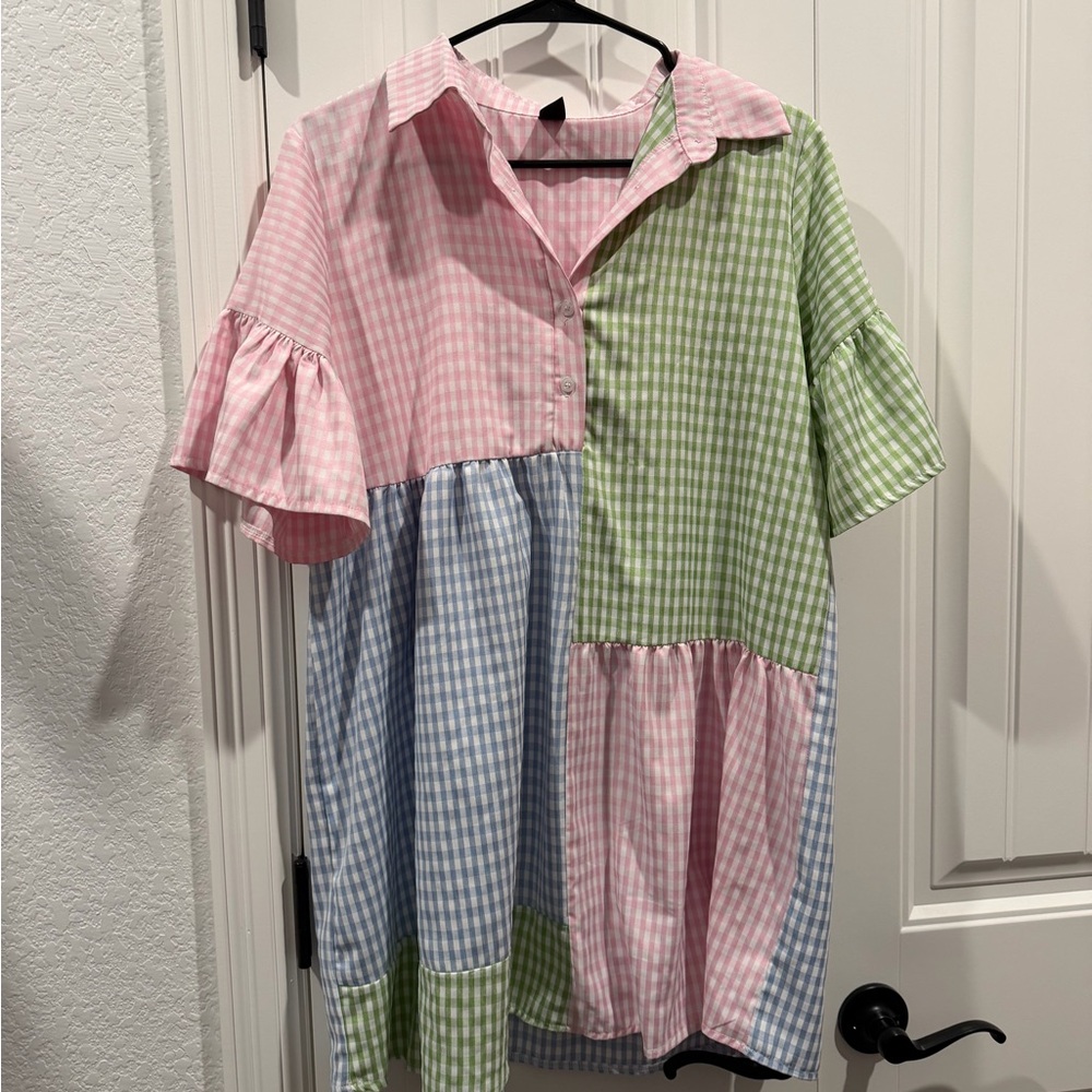 SHEIN Pink, Green & White Patchwork Gingham Button-Up Dress